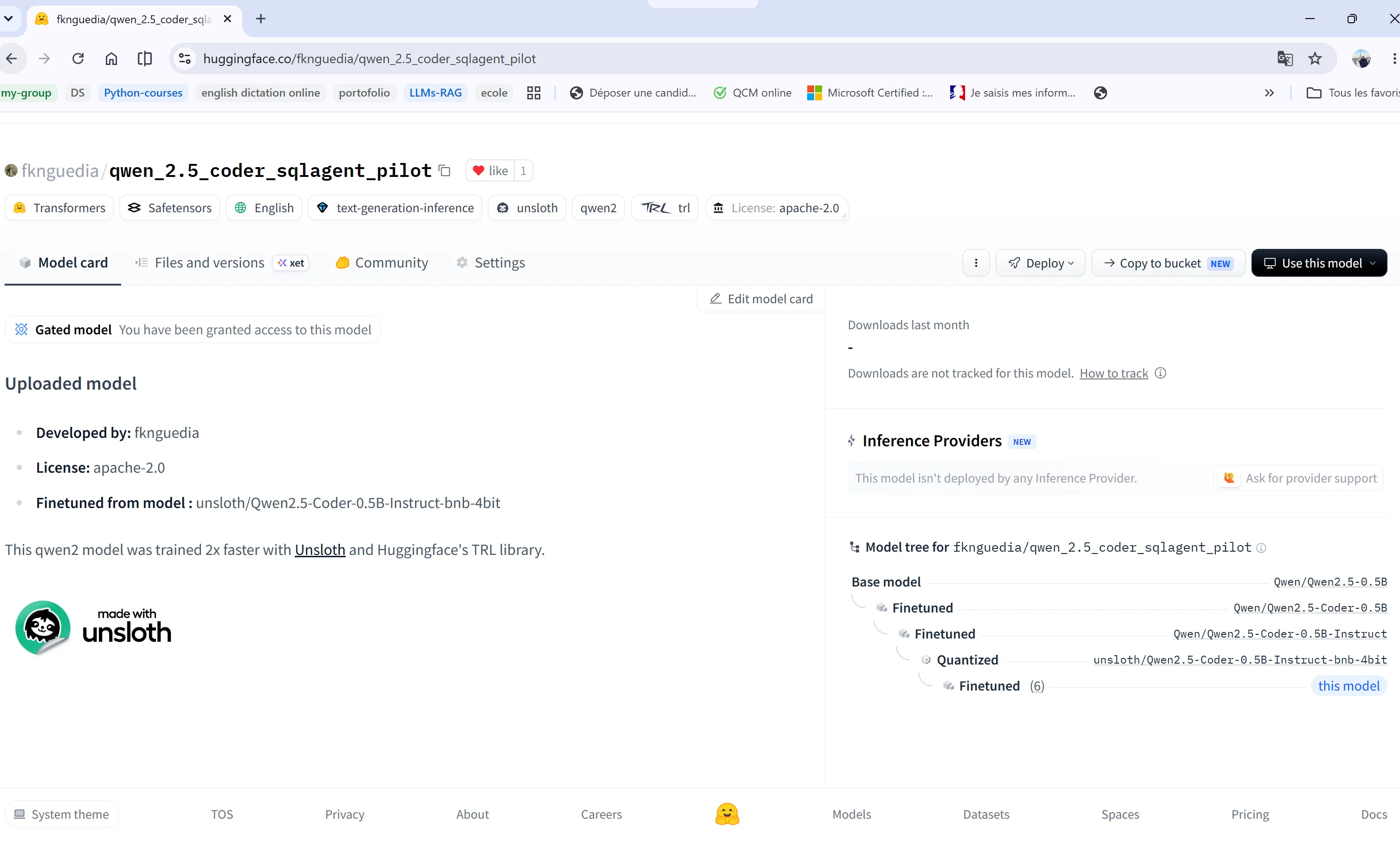 Modèle fine-tuné Qwen2.5-Coder — carte Hugging Face